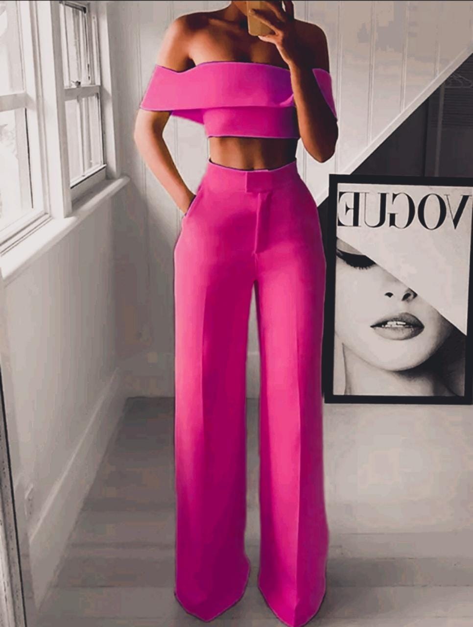 3-221 Conjunto pantalón palazzo y blusa cuello bandeja