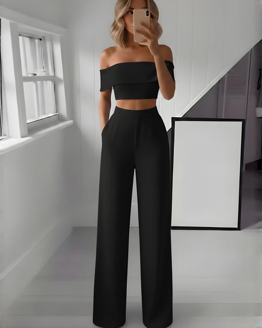 3-221 Conjunto pantalón palazzo y blusa cuello bandeja