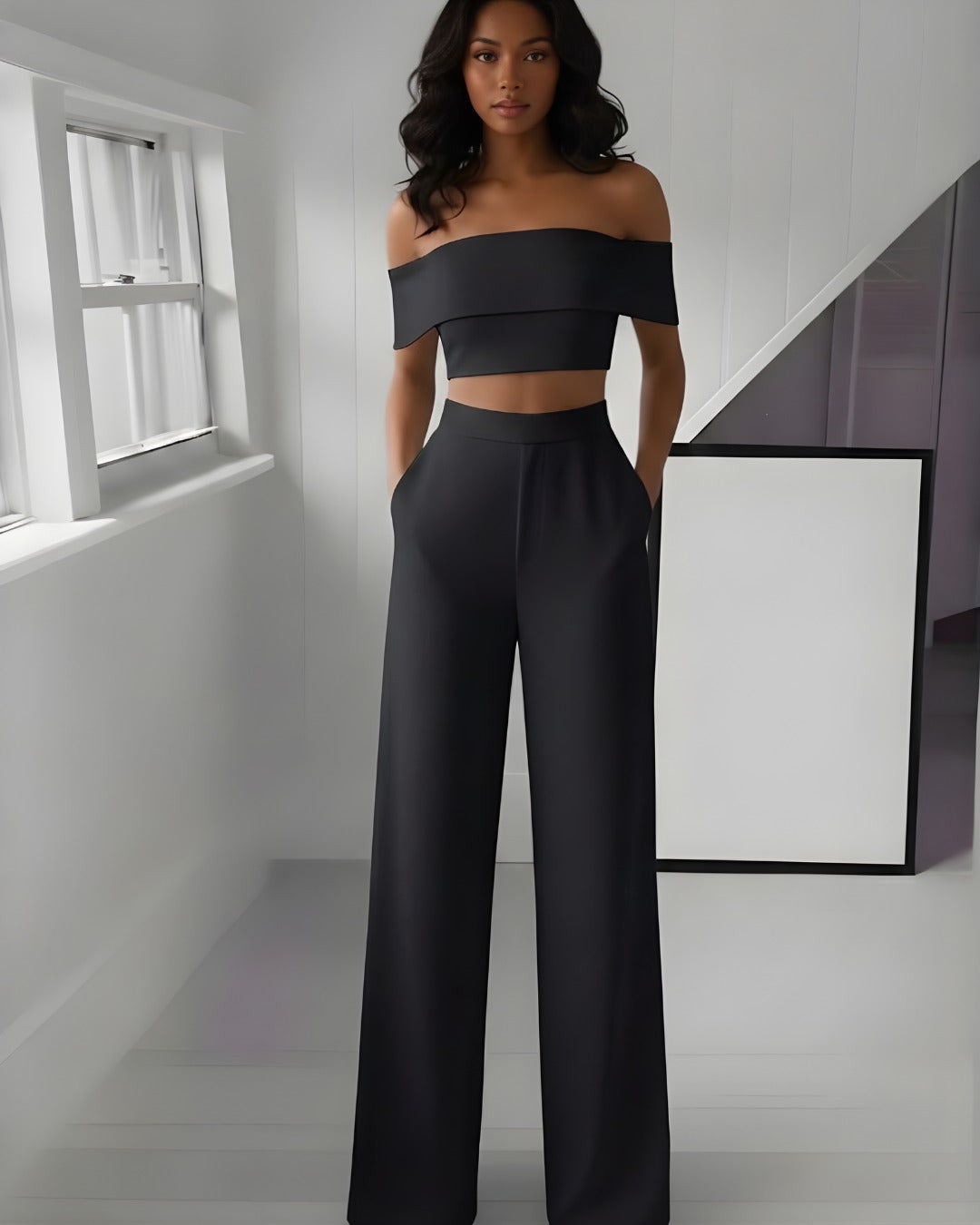 3-221 Conjunto pantalón palazzo y blusa cuello bandeja